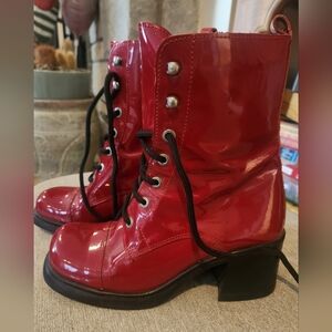 Glossy Red Lace-Up Women's Boots